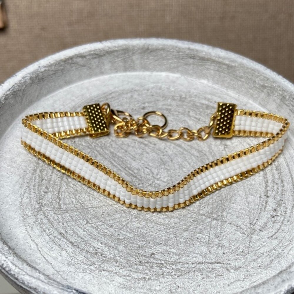 Gold  and White Loom Beaded Bracelet by The Bloom Design Studio